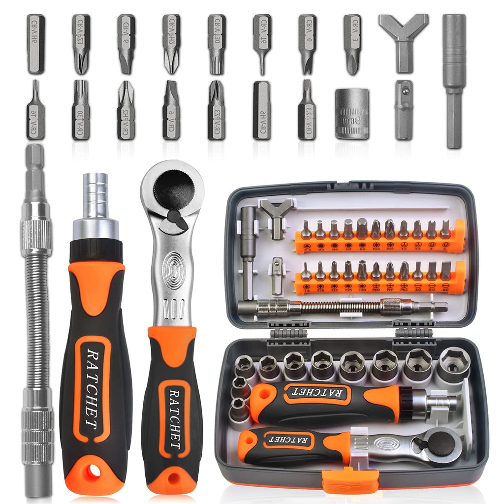 ETEPON 38 in 1 Ratchet Screwdriver Set with Sockets, Magnetic Tips, Rotating Handle, Universal Joint & Storage Case for Electronics, Car, Bi