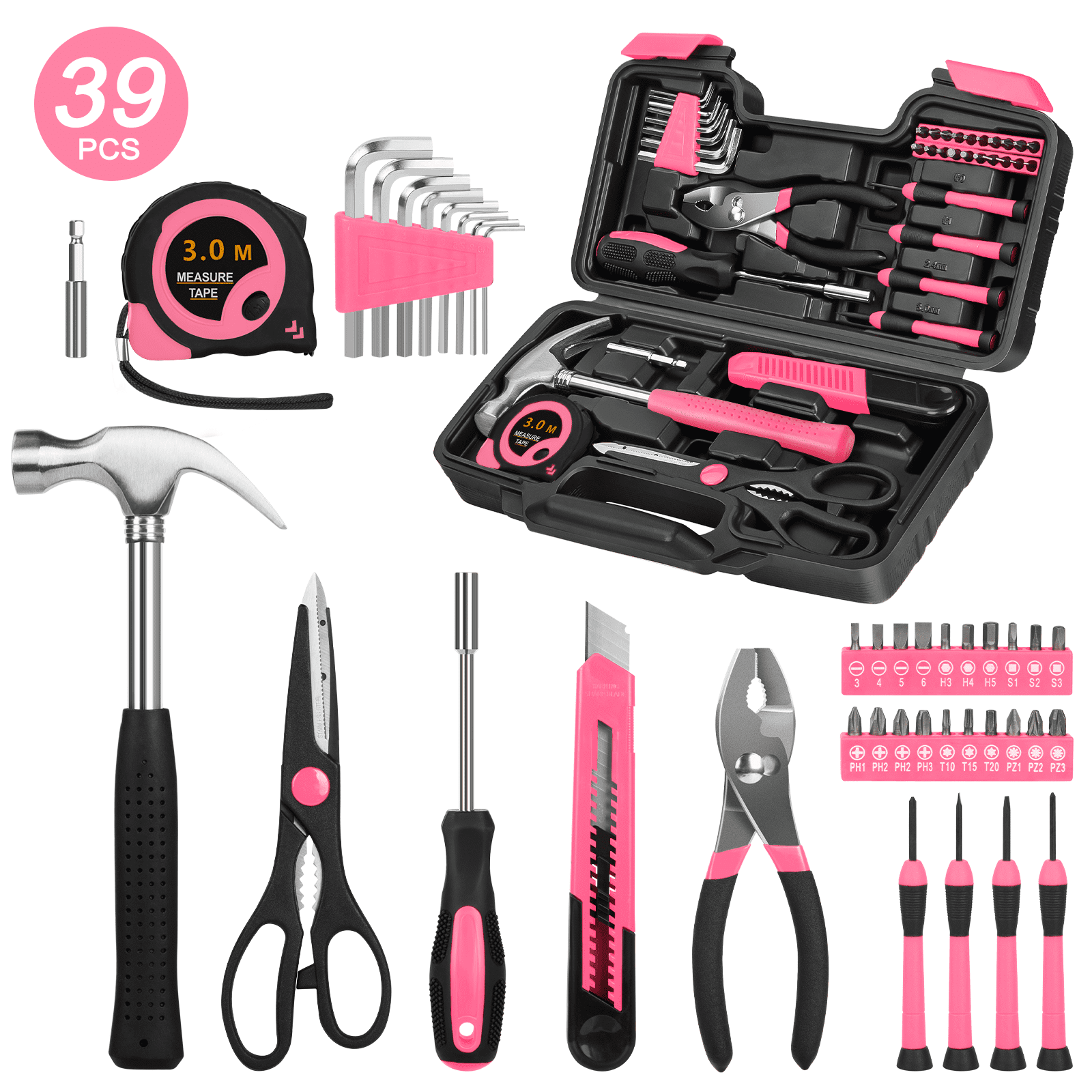 39-Piece Set General Household Hand Kit with Plastic box Storage Case, Basic Home Kit for Girls Ladies and Women - In...