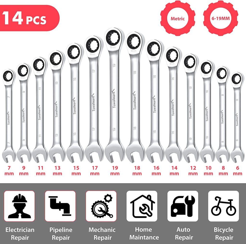 14-Piece Wrench Set, Ratcheting Wrench Set, Metric 6-19mm, Fixed Head Ratcheting Combination Wrenchs, Chrome Vanadium Steel with Storage Bag - Image 2