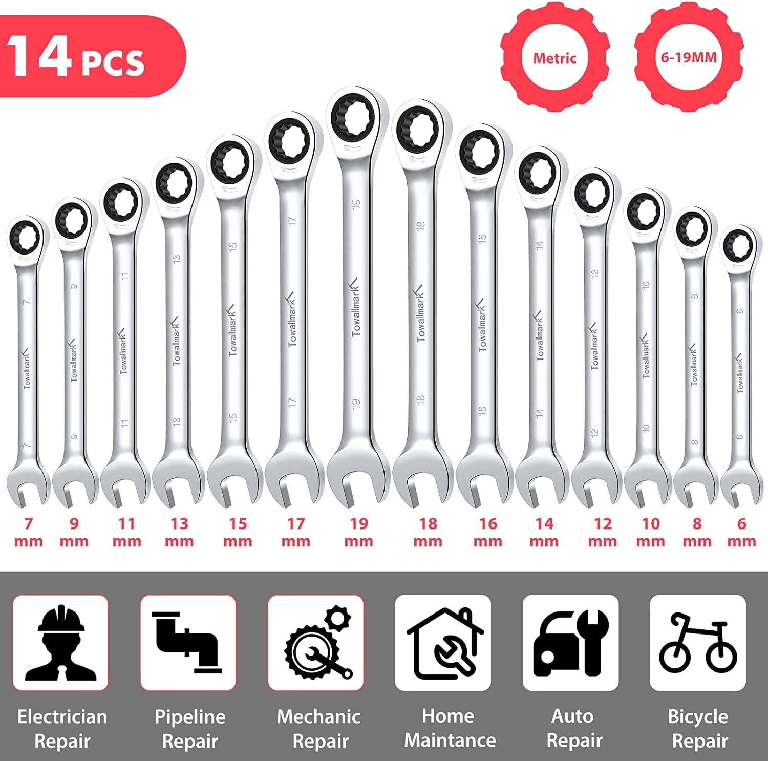 14-Piece Wrench Set, Ratcheting Wrench Set, Metric 6-19mm, Fixed Head Ratcheting Combination Wrenchs, Chrome Vanadium Steel with Storage Bag - Image 2