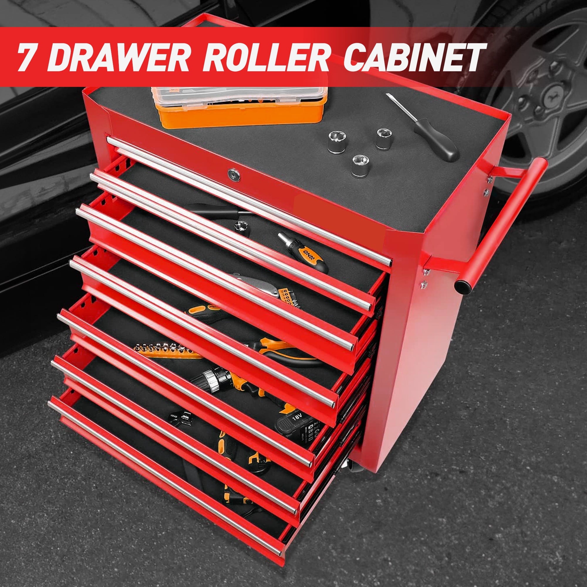 Chest on Wheels, Metal Cart box Storage Cabinet Organizer W/ 7 Drawers, Red - Image 2