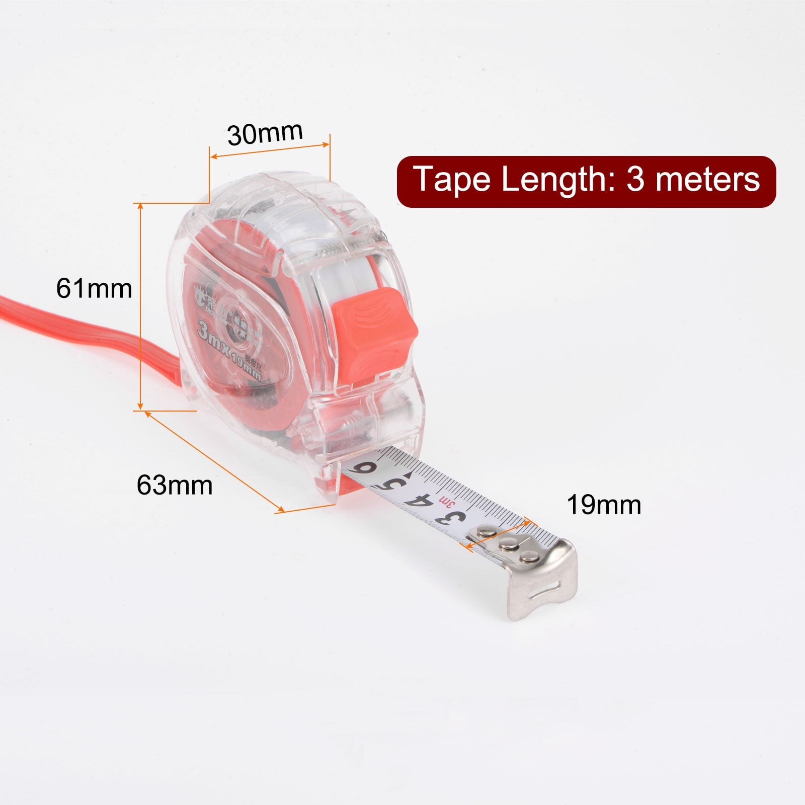 Tape Measure 3 Meters Metric Ruler Extra Thick Steel Measuring Tape 19mm Wide, Transparent Red ABS Case - Image 2