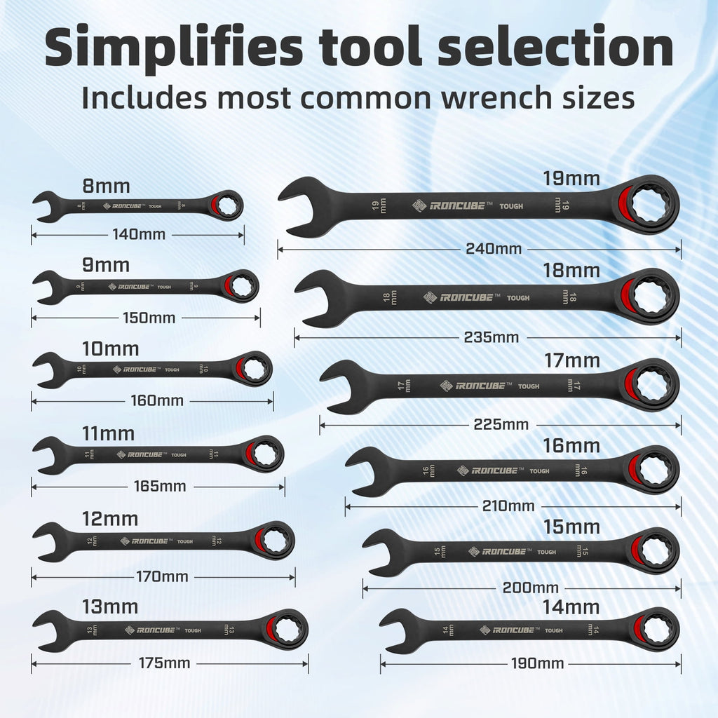 12-Piece Ratcheting Combination Wrench Set - Metric 8-19mm CR-V Steel Tough Black with Wax Canvas Storage Bag - Image 2