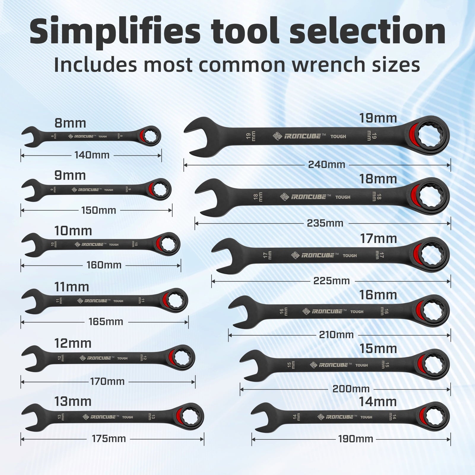 12-Piece Ratcheting Combination Wrench Set - Metric 8-19mm CR-V Steel Tough Black with Wax Canvas Storage Bag - Image 2
