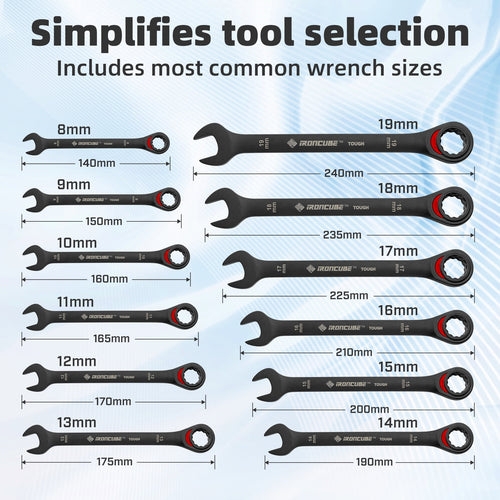 12-Piece Ratcheting Combination Wrench Set - Metric 8-19mm CR-V Steel Tough Black with Wax Canvas Storage Bag - Image 2