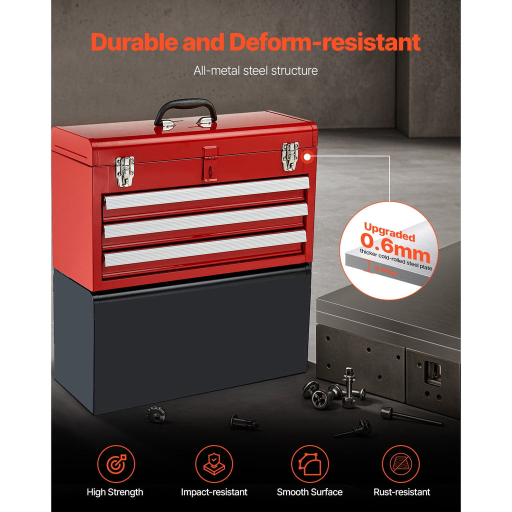 20.5-Inch Portable Metal Tool Box with 3 Drawers, Small Tool Chest Featuring Liners, Ball-Bearing Slides, Lockable De... - Image 6