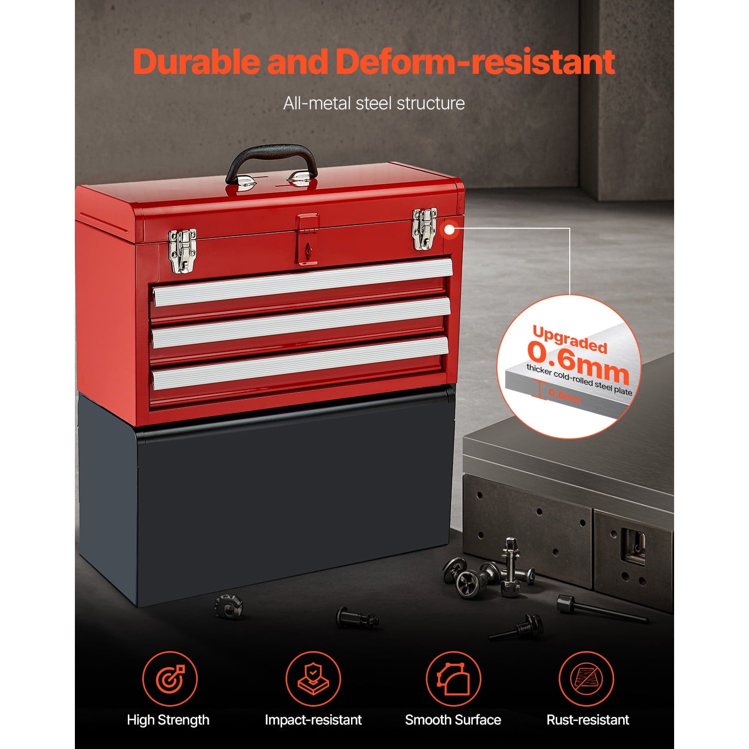 20.5-Inch Portable Metal Tool Box with 3 Drawers, Small Tool Chest Featuring Liners, Ball-Bearing Slides, Lockable De... - Image 6