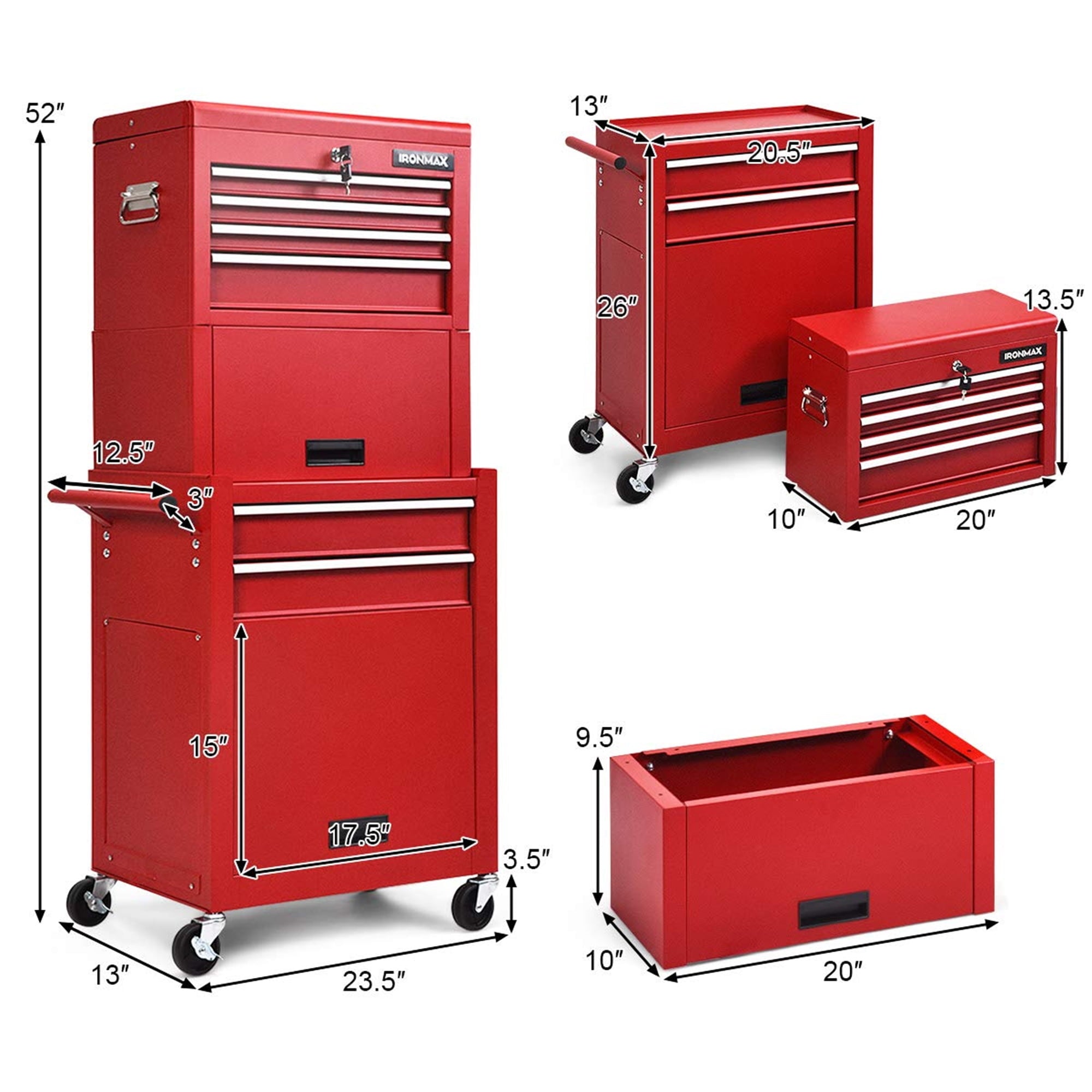Tool Box, 3 in 1 Steel Rolling Tool Chest w/ 6-Drawers & 2 Cabinet for Garage Workshop, Red - Image 6