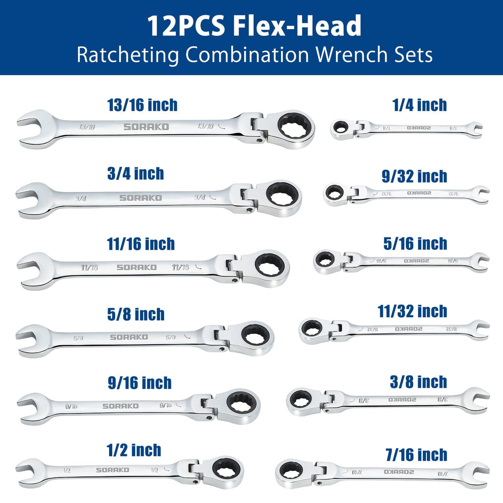 Ratcheting Wrench Set Flex Head, 12 Piece SAE Combination Ratchet Wrench kit, 1/4 - 13/16 Chrome Vanadium Steel Wrenches - Image 3
