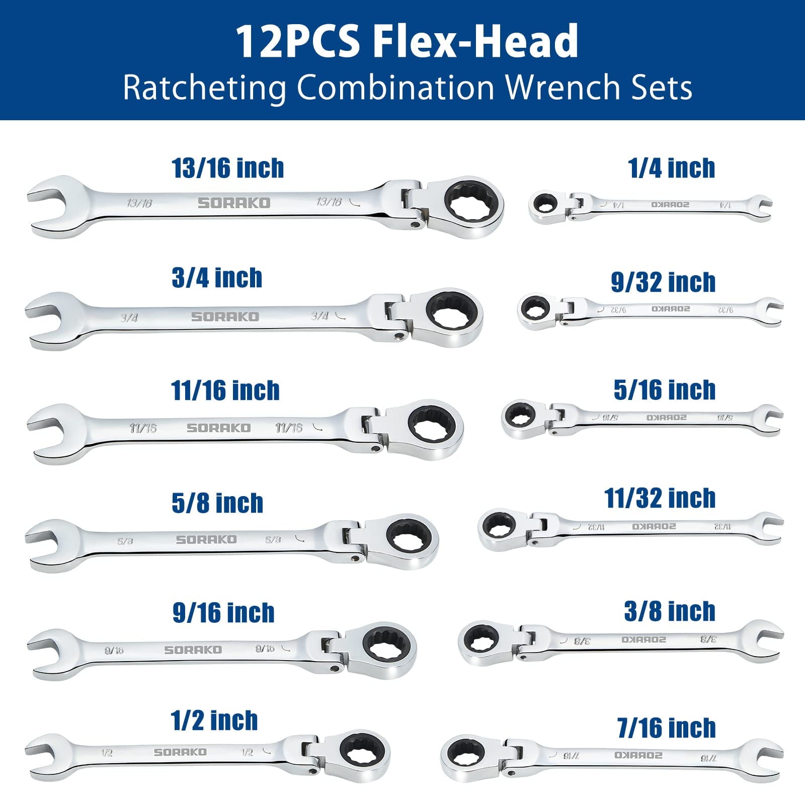 Ratcheting Wrench Set Flex Head, 12 Piece SAE Combination Ratchet Wrench kit, 1/4 - 13/16 Chrome Vanadium Steel Wrenches - Image 3