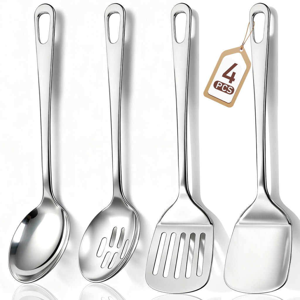 4 Pcs Cooking Utensils Set, Stainless Steel Kitchen Utensils, Kitchen Tools Set Include Solid &amp; Slotted Turner Wok Spatula, Serving Spoon, Home Essentials Kitchen Gadgets Accessories