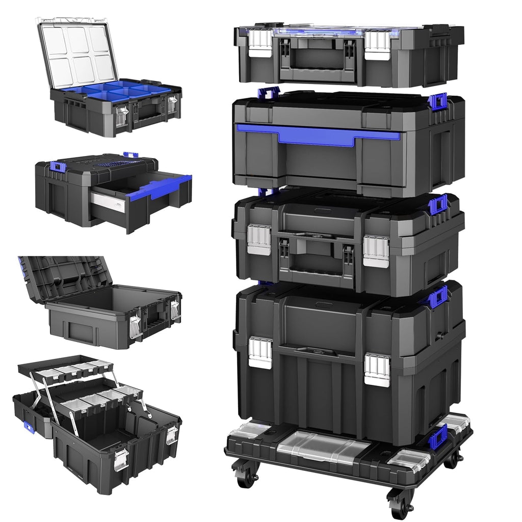 4-Tier Rolling Tool Box with Clear Top Lid & Drawers, Modular Tool Storage Organizer System on Wheels for Garage & Ho...