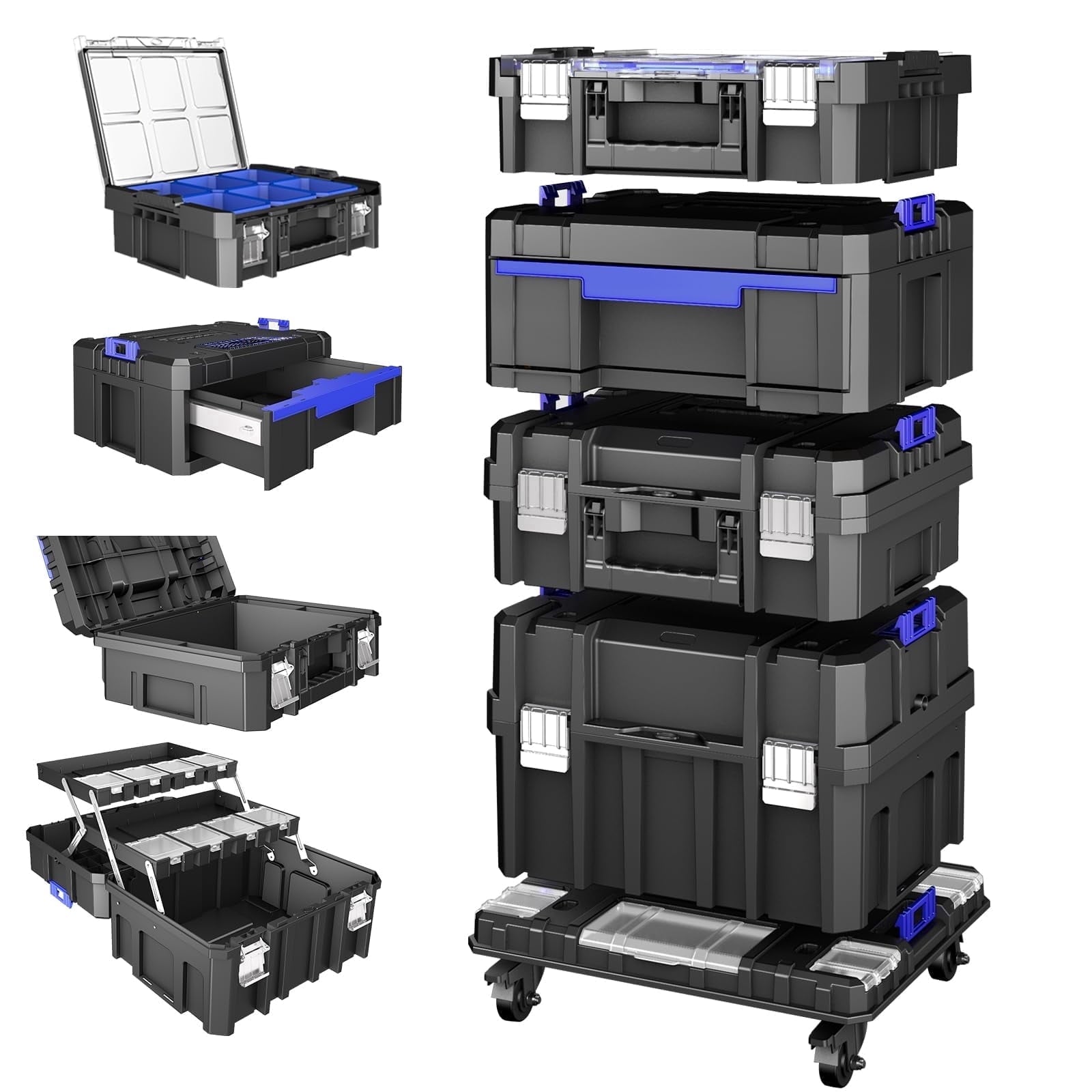 4-Tier Rolling Tool Box with Clear Top Lid & Drawers, Modular Tool Storage Organizer System on Wheels for Garage & Ho...