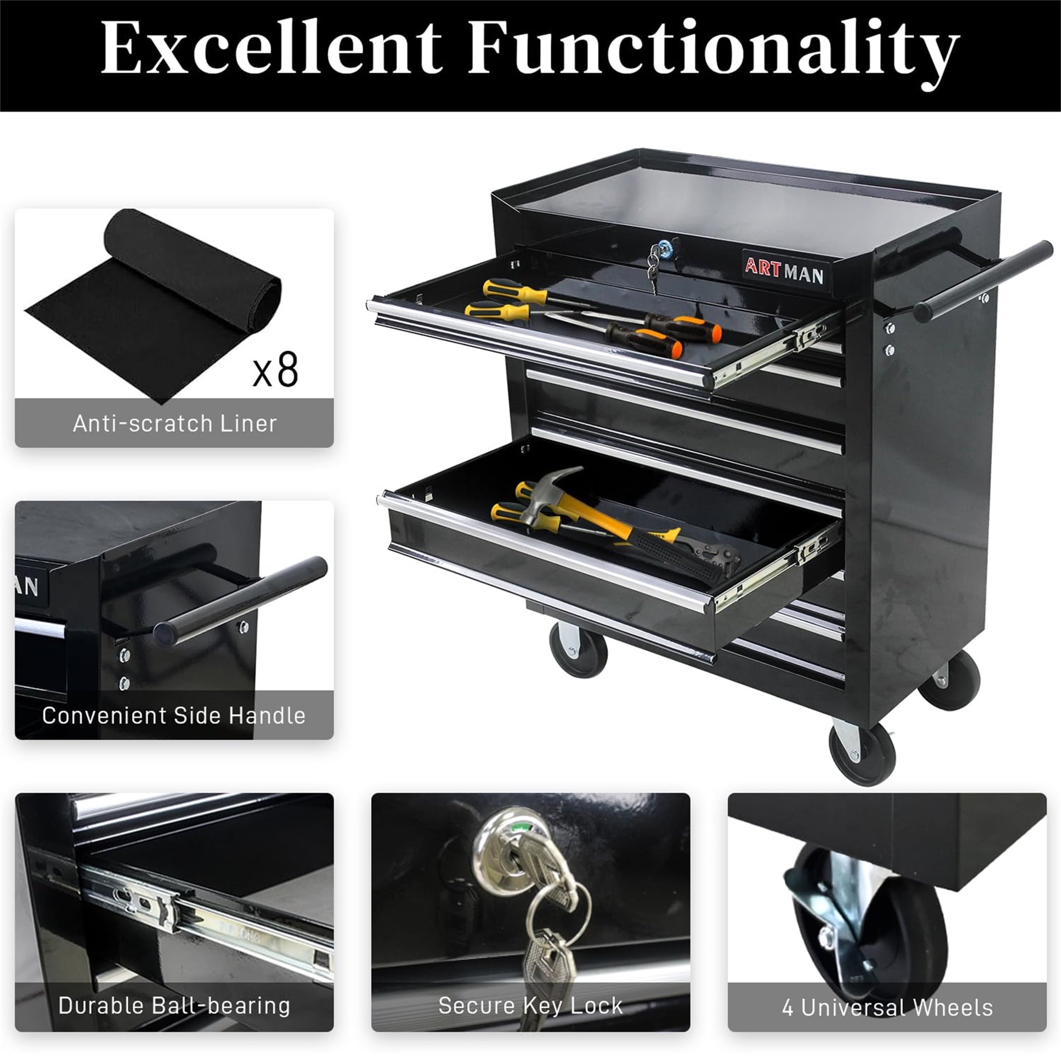 Aukfa Tool Box, 24.5 in 7-Drawer Steel Rolling Tool Chest on Wheels for Workshop Garage, Black - Image 3