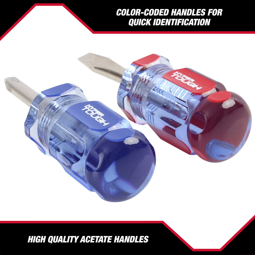 Hyper Tough 2-Piece Stubby Acetate Handle Screwdriver Set, #2 Philips & 1/4" Flat Head Screwdriver - Image 4