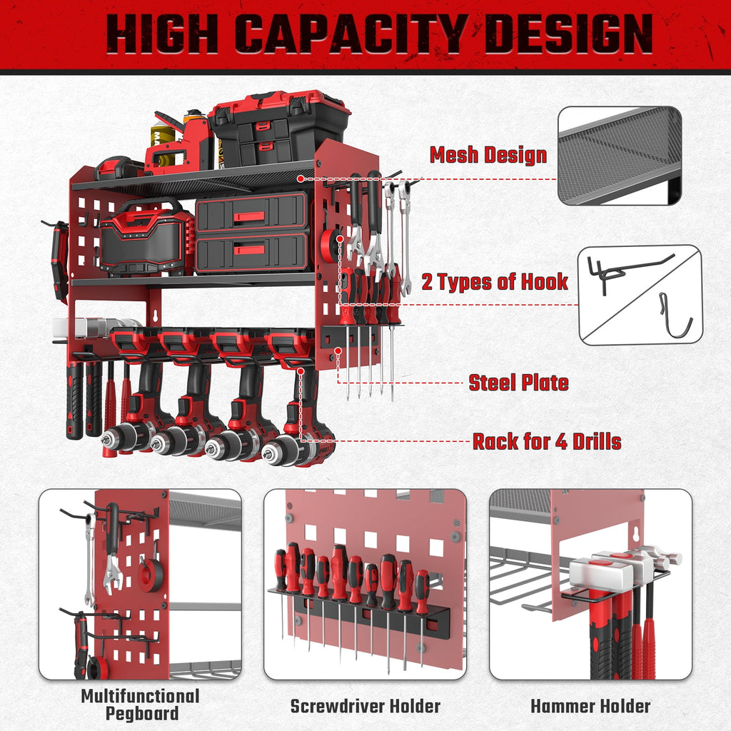 Organizer, 3 Layers Drill Holder Wall Mount with 2 Side Pegboards, Heavy Duty Storage Rack for Garage, 150Lbs Load Ca... - Image 3