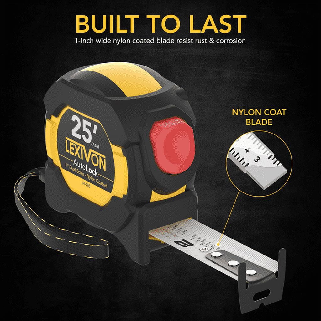 [3-Pack] 25Ft/7.5m AutoLock Tape Measure | 1-Inch Wide Blade with Nylon Coating, Matte Finish White & Yellow Dual Sid... - Image 2