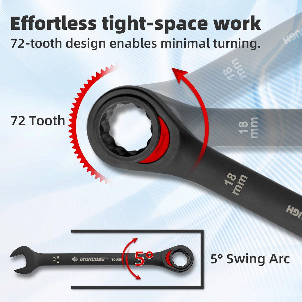 12-Piece Ratcheting Combination Wrench Set - Metric 8-19mm CR-V Steel Tough Black with Wax Canvas Storage Bag - Image 3
