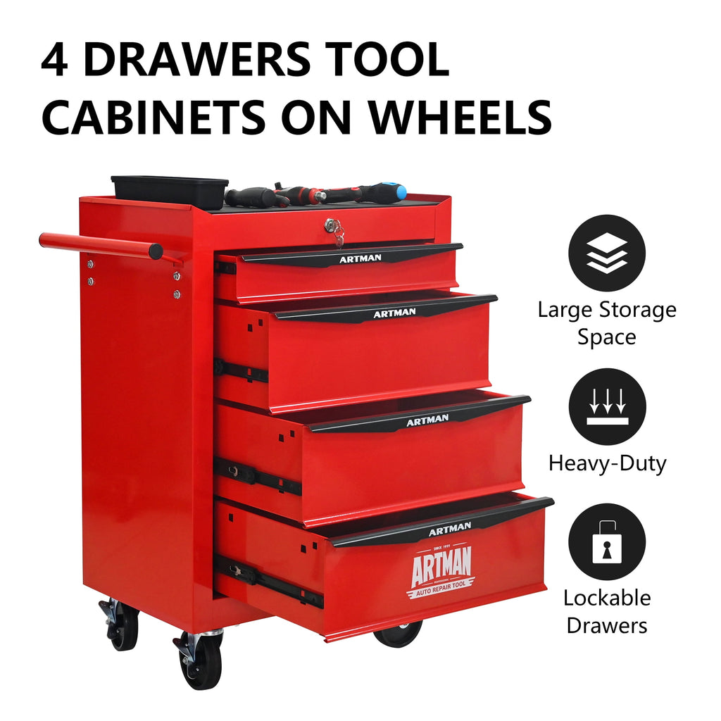 Rolling Tool Boxes on Wheels, 4 Drawers Tool Chest Storage Cabinet Metal, Multifunctional Tool Organizer Cart Lockabl... - Image 4