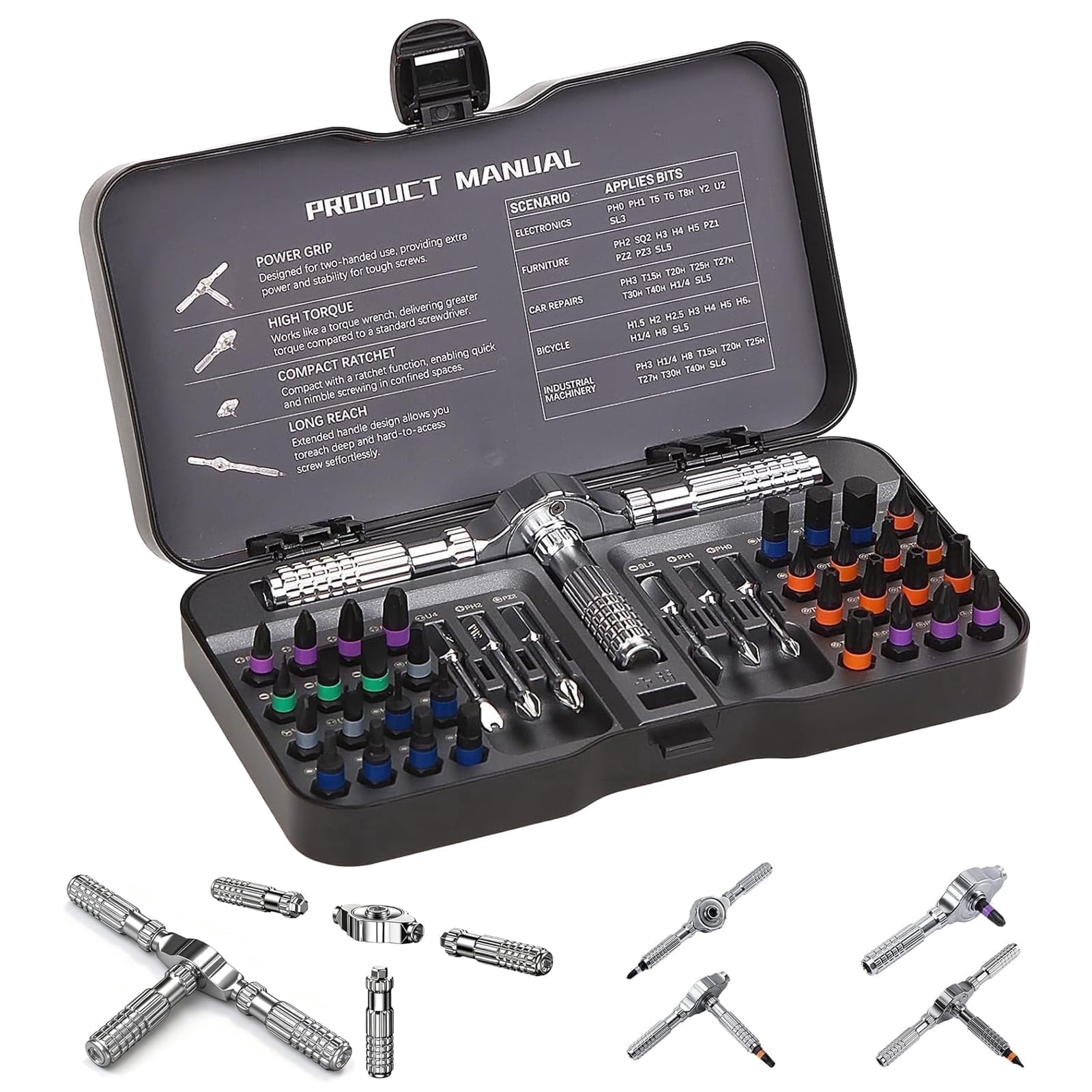 HUANCTOMA 40 In 1 Magnetic Screwdriver Set,Detachable T Handle Ratchet Screwdriver Set for DIY, Electronics,Car,Bicyc...