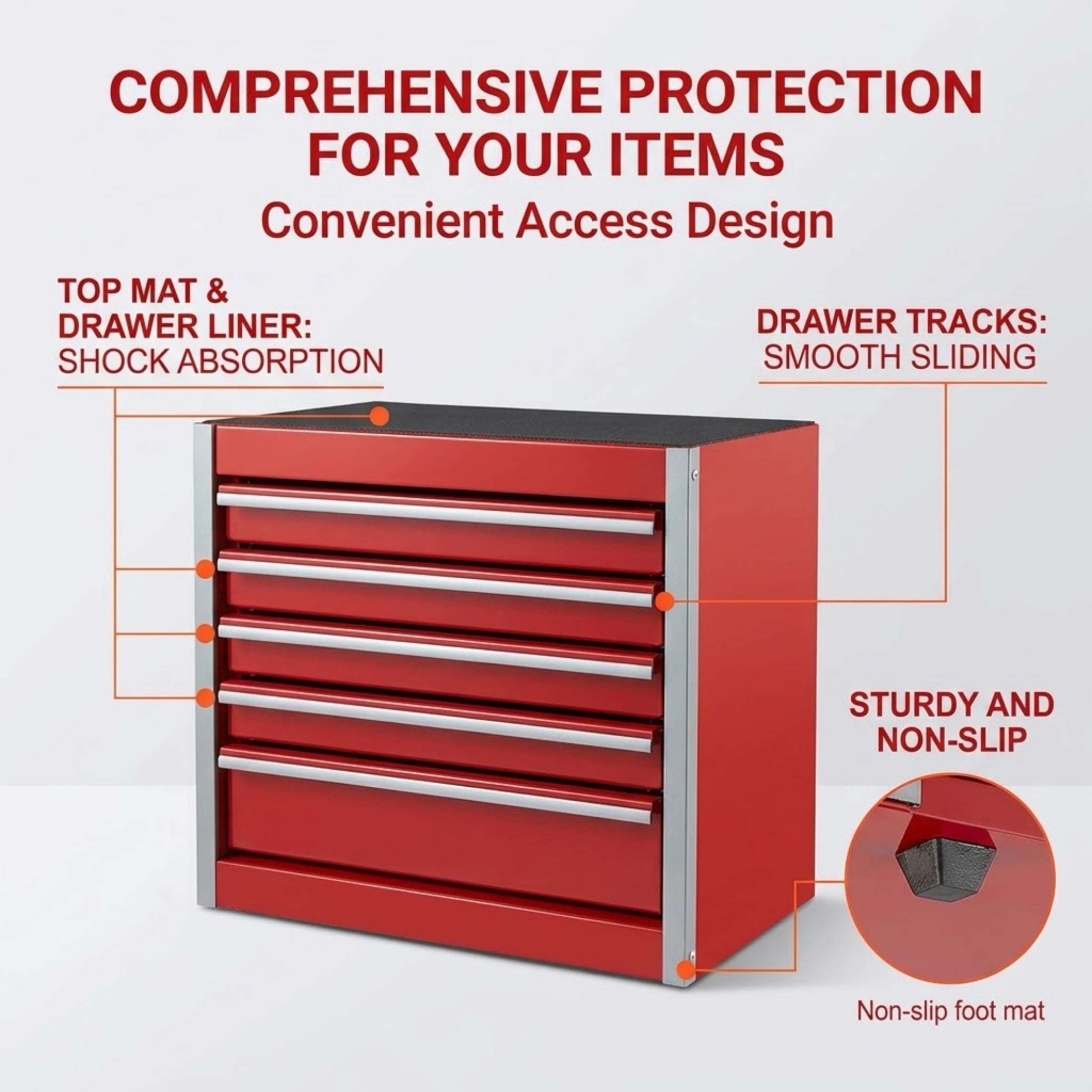 8.6" Mini Metal Tool Box with 5 Drawers, Heavy Duty Steel Portable Tool Chest, Red - Image 4
