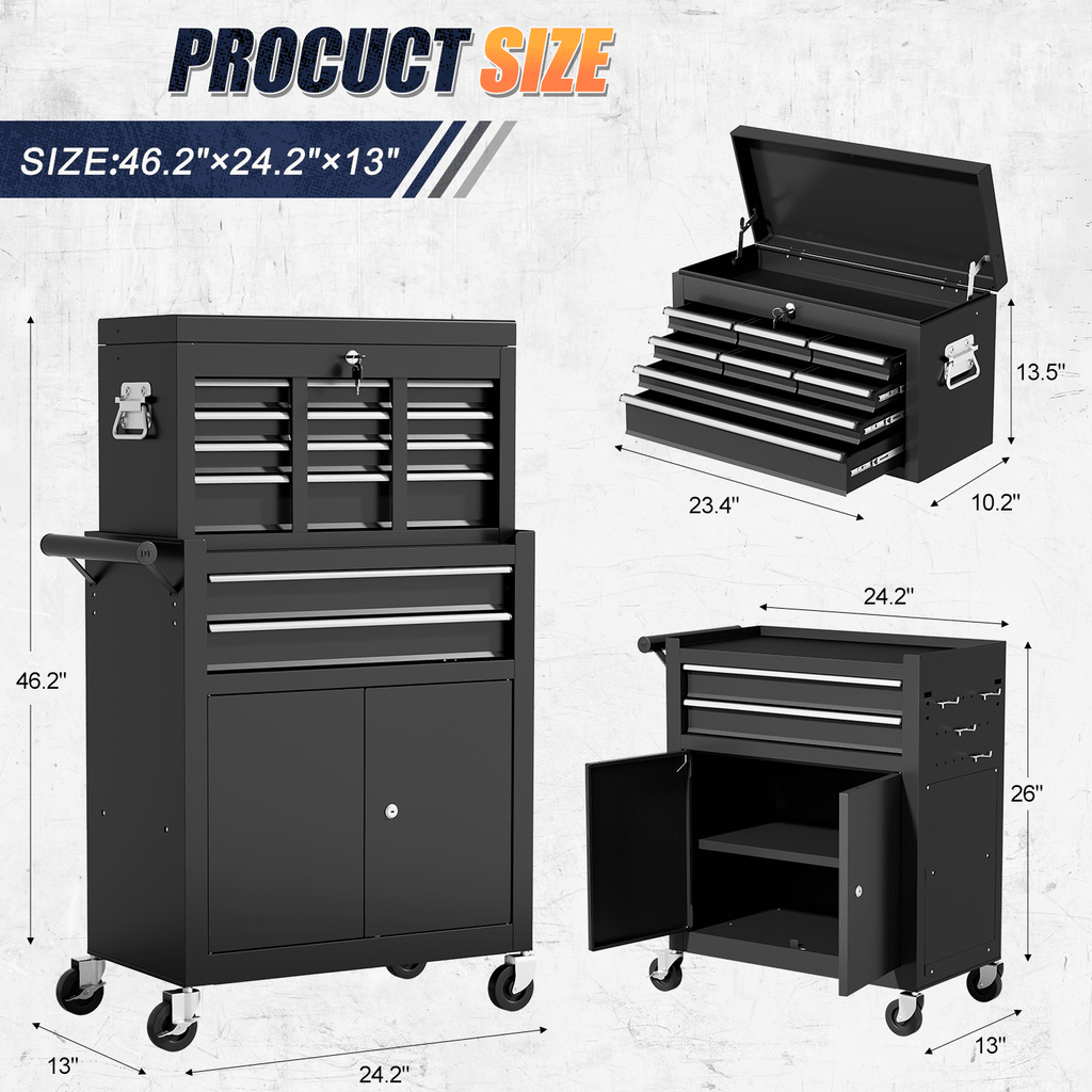 ZBOM 24.2 inch 10-Drawer Rolling Tool Chest, Sliding Metal Drawer Rolling Tool Storage Cabinet, Removable Toolbox Organizer for Workshop, Ga - Image 6