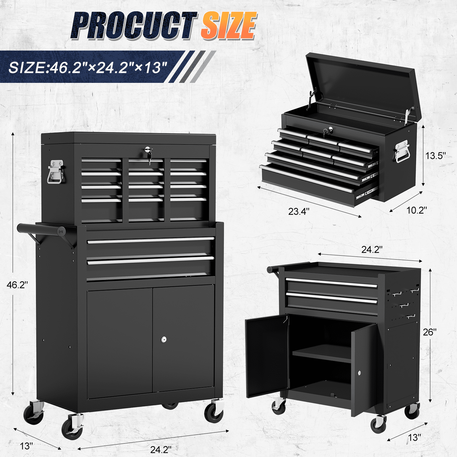 ZBOM 24.2 inch 10-Drawer Rolling Tool Chest, Sliding Metal Drawer Rolling Tool Storage Cabinet, Removable Toolbox Organizer for Workshop, Ga - Image 6