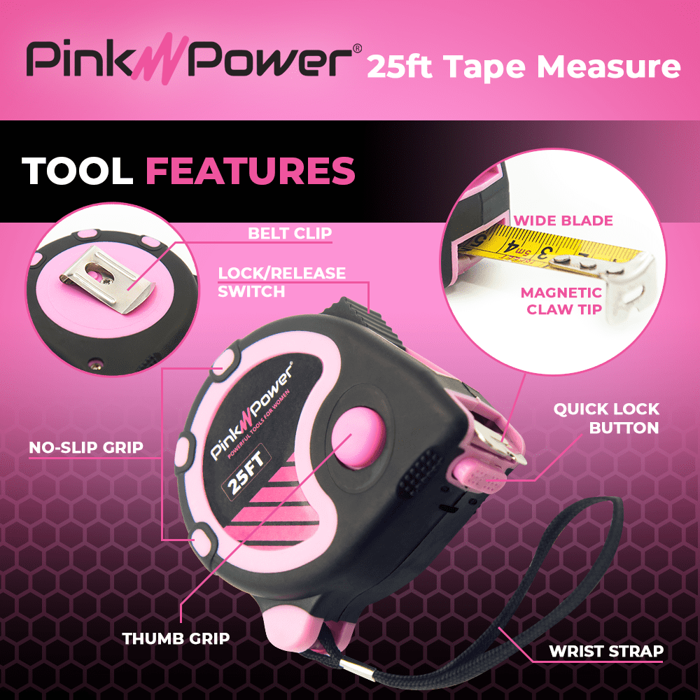 25ft Pink Tape Measure - Pink Measuring Tape Measure for Womens Tool Kit with Retractable Blade and Lock Button - Gir... - Image 4