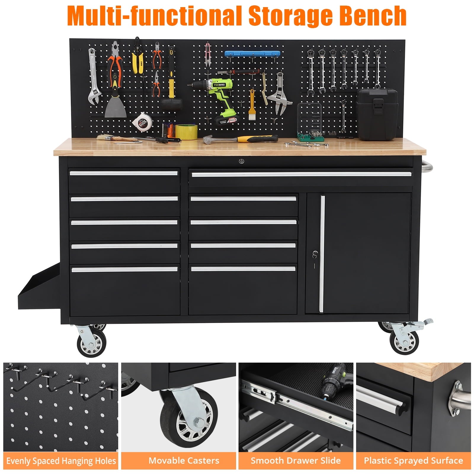 61-inch Rolling with Wheels, 10 Drawers, Multifunctional Cart Mechanic Storage Cabinet for Garage, Assembled Large Bo... - Image 2