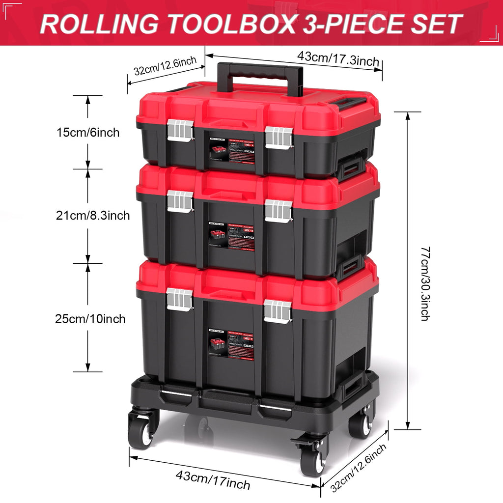 3-Tier & Cectable Rolling Tool Box with Lock | 17" Large Portable Tool Organizer System on Wheels for Garage & Profes... - Image 2