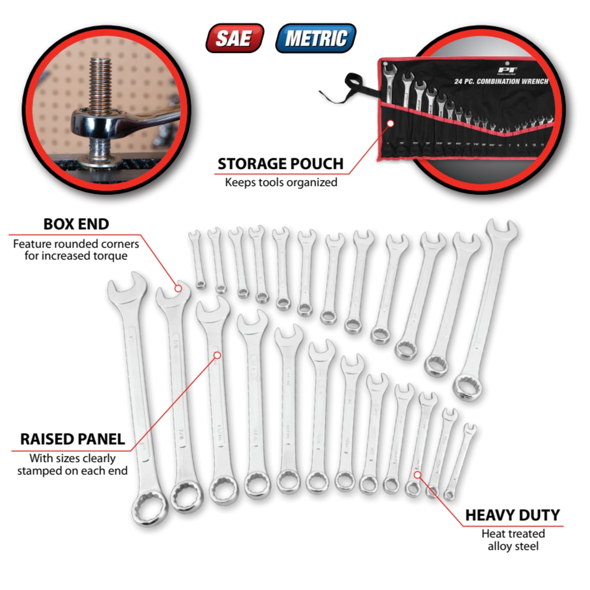 W1074 24 pc. SAE and Metric Combo Wrench Set: 1/4-in to 1-in and 7-22mm sizes, Made of Heat-Treated Steel, Raised Pan... - Image 2