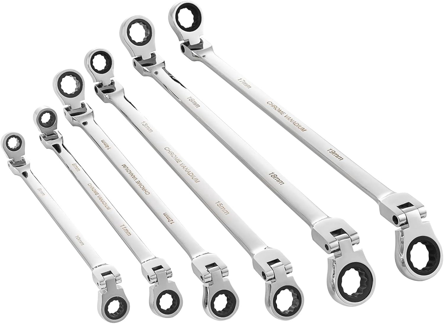 6Pcs Extra Long Flex Head Ratcheting Wrench Set Metric 8-19mm Double Box End Wrench Set Laser Etched Steel Wrenches - Image 5