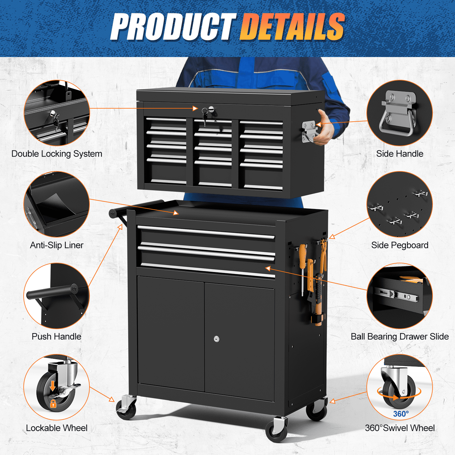 ZBOM 24.2 inch 10-Drawer Rolling Tool Chest, Sliding Metal Drawer Rolling Tool Storage Cabinet, Removable Toolbox Organizer for Workshop, Ga - Image 5