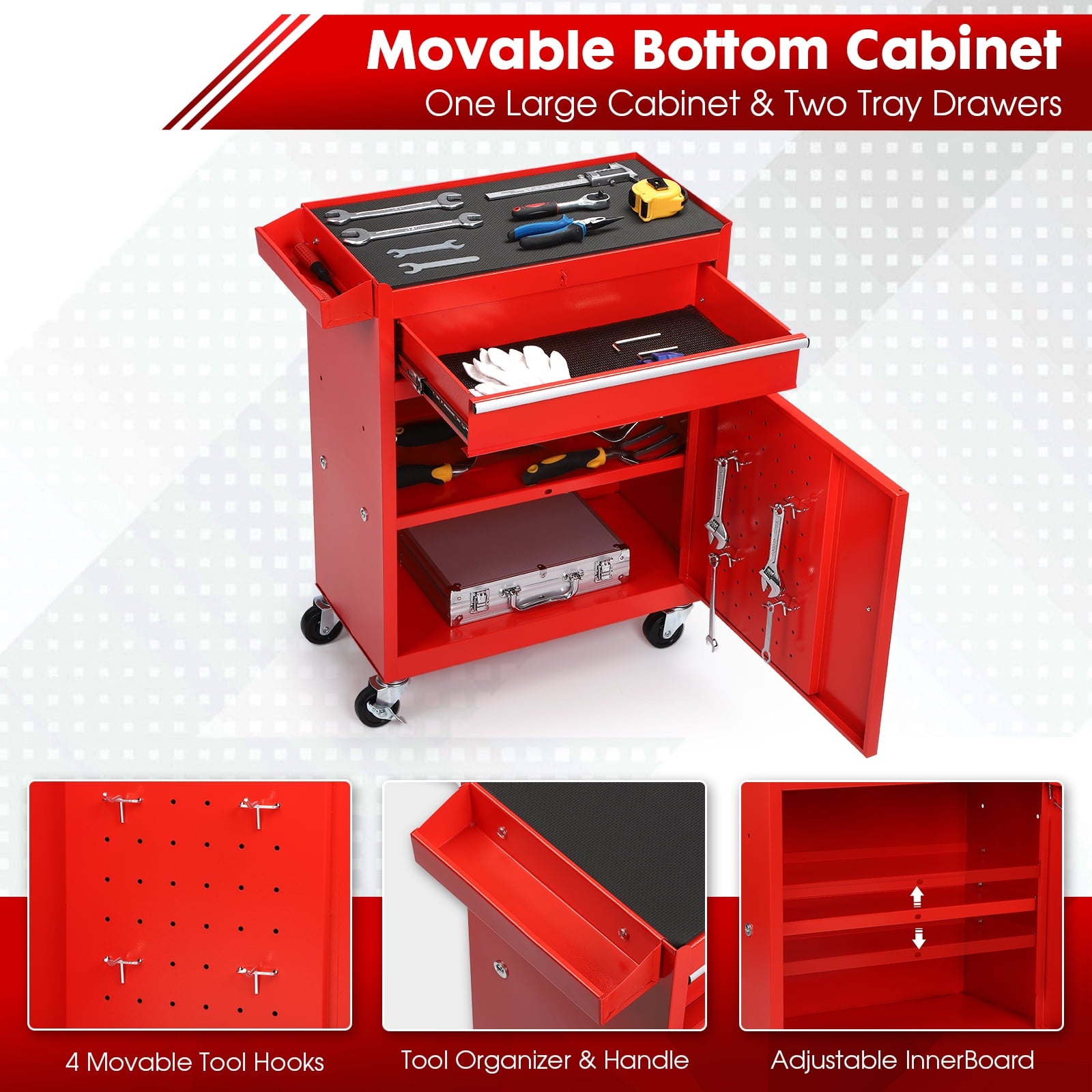 5-Drawer Tool Chest with Detachable Box, Lockable Wheels & 4 Hooks, Red - Image 4