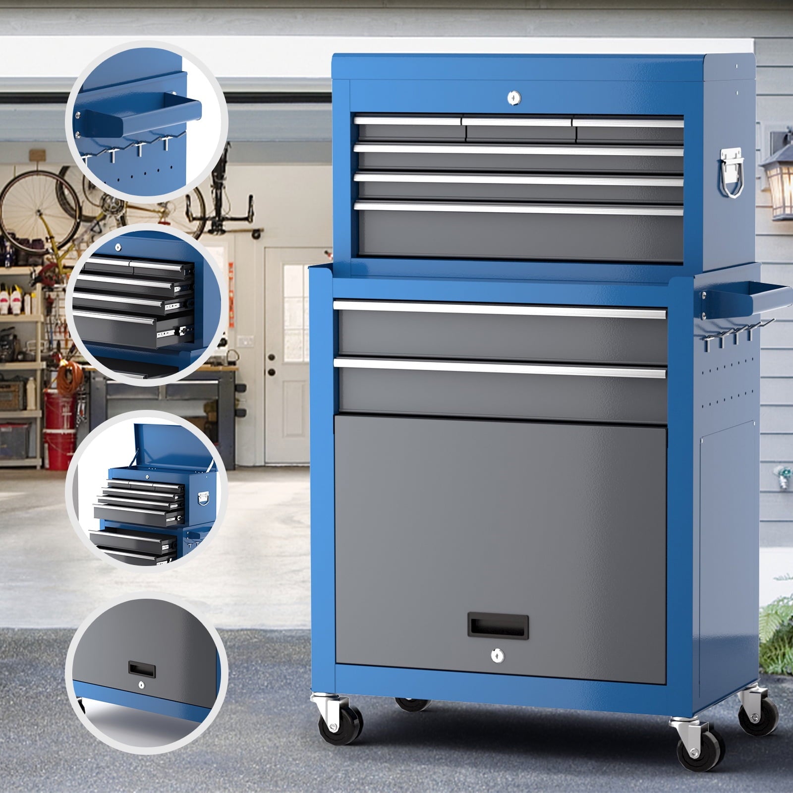 Large Rolling Toolbox, Detachable,Lockable with Parking Brake, 8-Drawer Professional Toolbox Top Cabinet, Heavy-Duty ... - Image 2