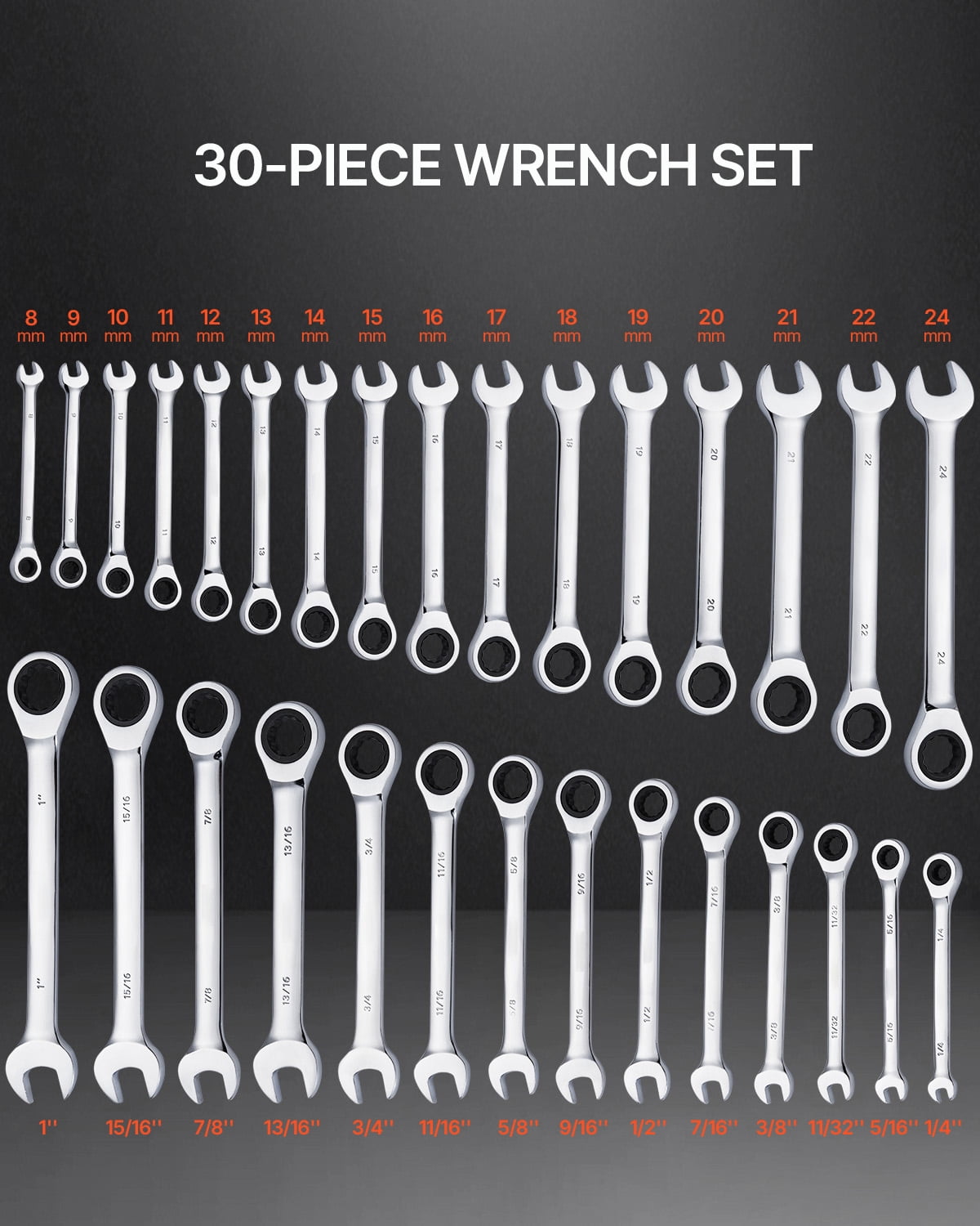 Combination Wrench Set, 30-Unit Ratchet Wrench Collection with Storage Stand, Chromium-Vanadium Steel Wrench Assortme... - Image 4
