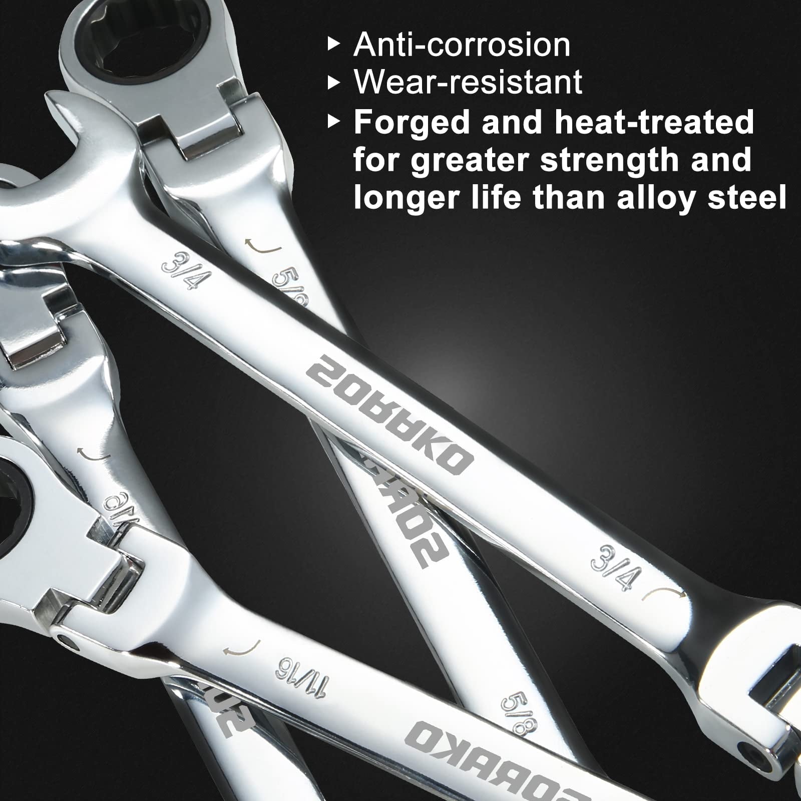 Ratcheting Wrench Set Flex Head, 12 Piece SAE Combination Ratchet Wrench kit, 1/4 - 13/16 Chrome Vanadium Steel Wrenches - Image 6