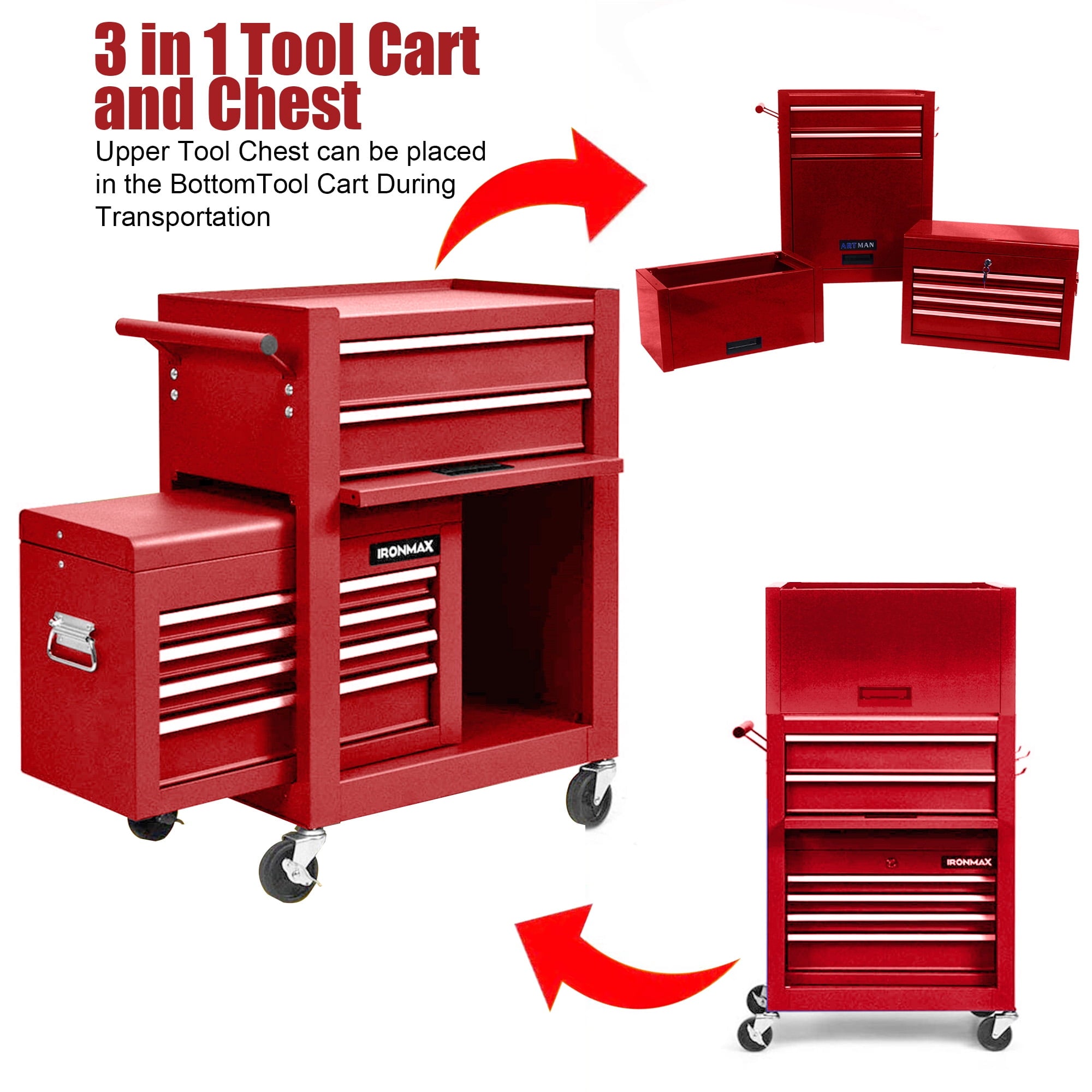 Tool Box, 3 in 1 Steel Rolling Tool Chest w/ 6-Drawers & 2 Cabinet for Garage Workshop, Red - Image 3