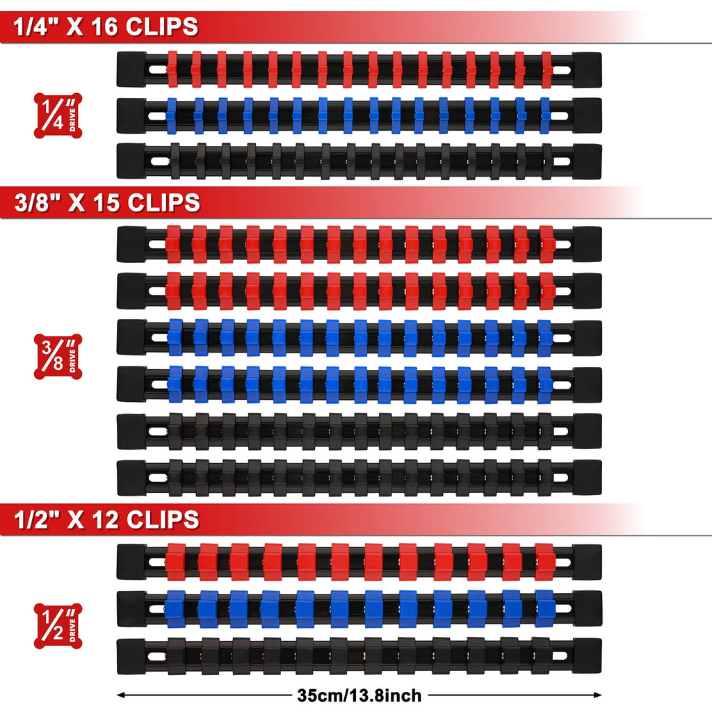 CASOMAN 12-Piece ABS Socket Organizer Set, Socket Holder Rail with 174 Clips, 1/4" 3/8" 1/2" Drive, Blue Red Black for Tool Box & Drawer Sto - Image 2