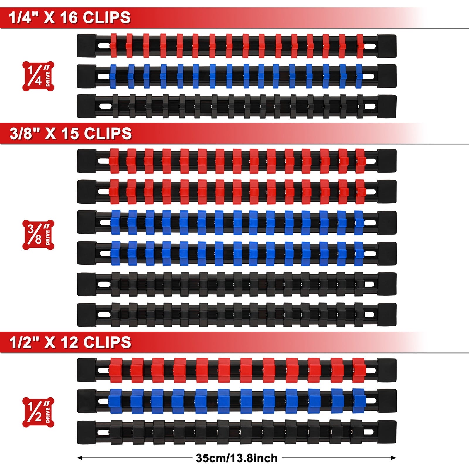 CASOMAN 12-Piece ABS Socket Organizer Set, Socket Holder Rail with 174 Clips, 1/4" 3/8" 1/2" Drive, Blue Red Black for Tool Box & Drawer Sto - Image 2