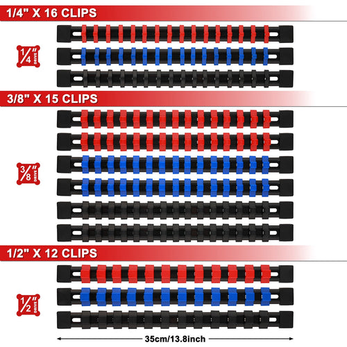 CASOMAN 12-Piece ABS Socket Organizer Set, Socket Holder Rail with 174 Clips, 1/4" 3/8" 1/2" Drive, Blue Red Black for Tool Box & Drawer Sto - Image 2