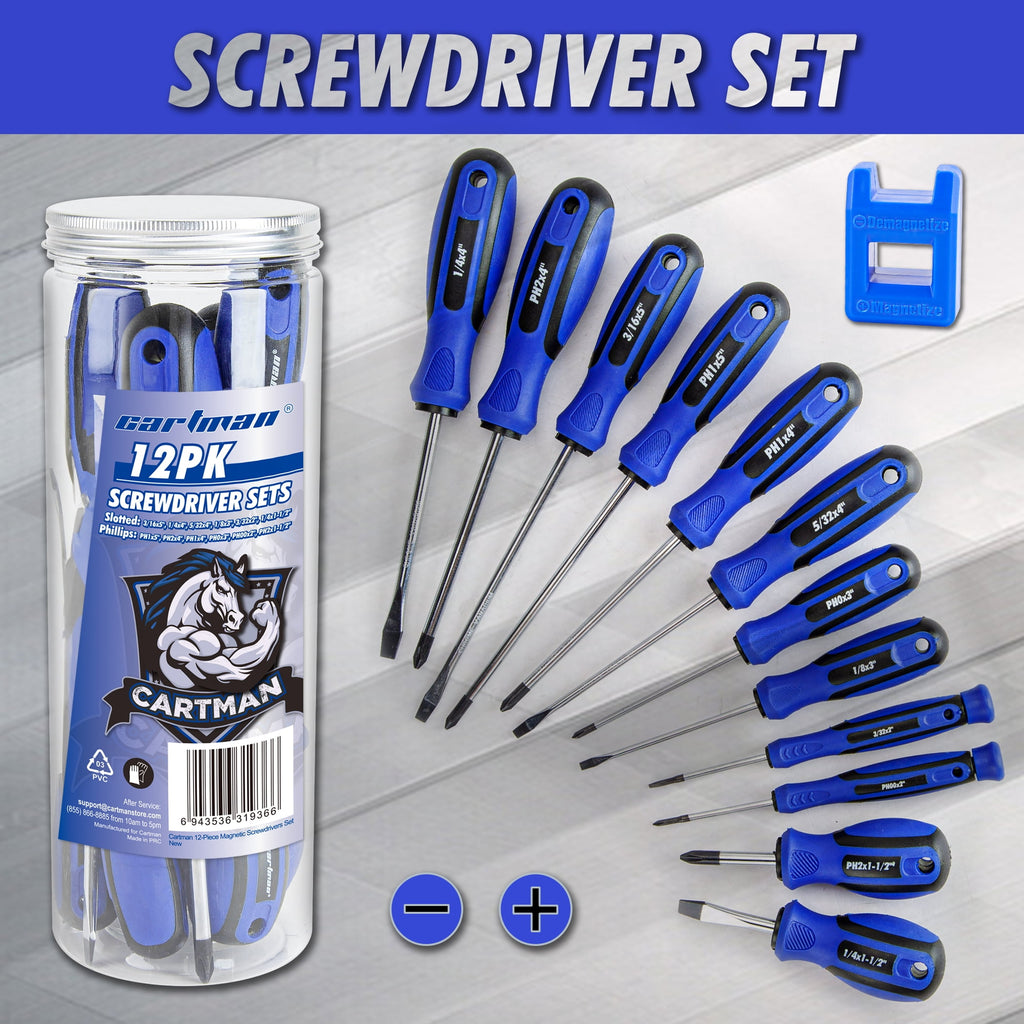 CARTMAN 12 Piece Magnetic Screwdriver Set - 6 Phillips and 6 Flat, Professional Cushion Grip Hand Tools Set - Image 2