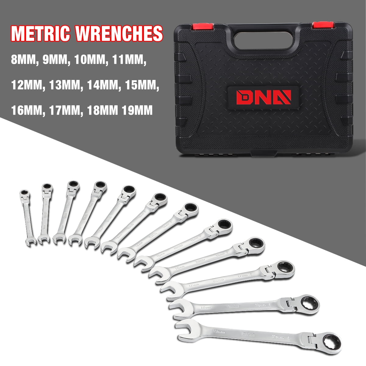 12 Piece Metric Wrench Set, 180 Flex Head & 72 Tooth Ratcheting Wrenches with Blow Mold Storage Case, Chrome Vanadium Steel, 1 Set, Black - Image 3