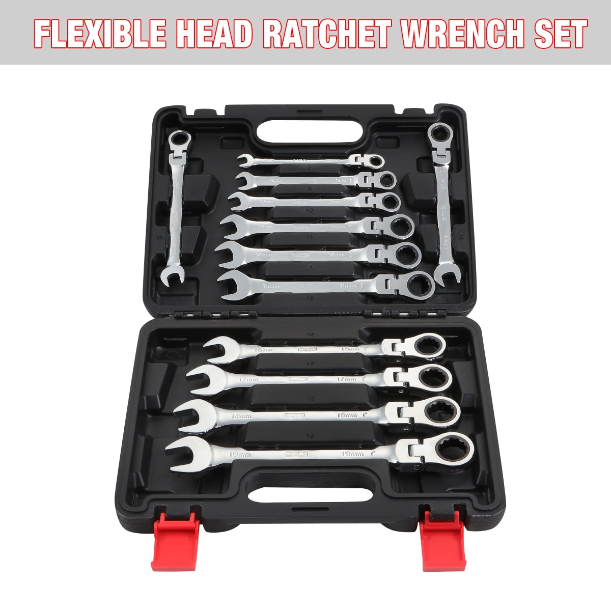 12 Piece Metric Wrench Set, 180 Flex Head & 72 Tooth Ratcheting Wrenches with Blow Mold Storage Case, Chrome Vanadium Steel, 1 Set, Black - Image 4