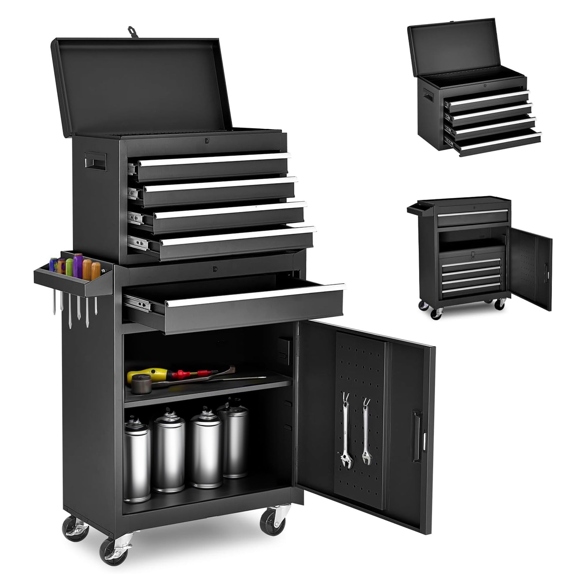 5-Drawer Storage Cabinet with Detachable Top Box Universal Lockable Wheels for Garage Workshop
