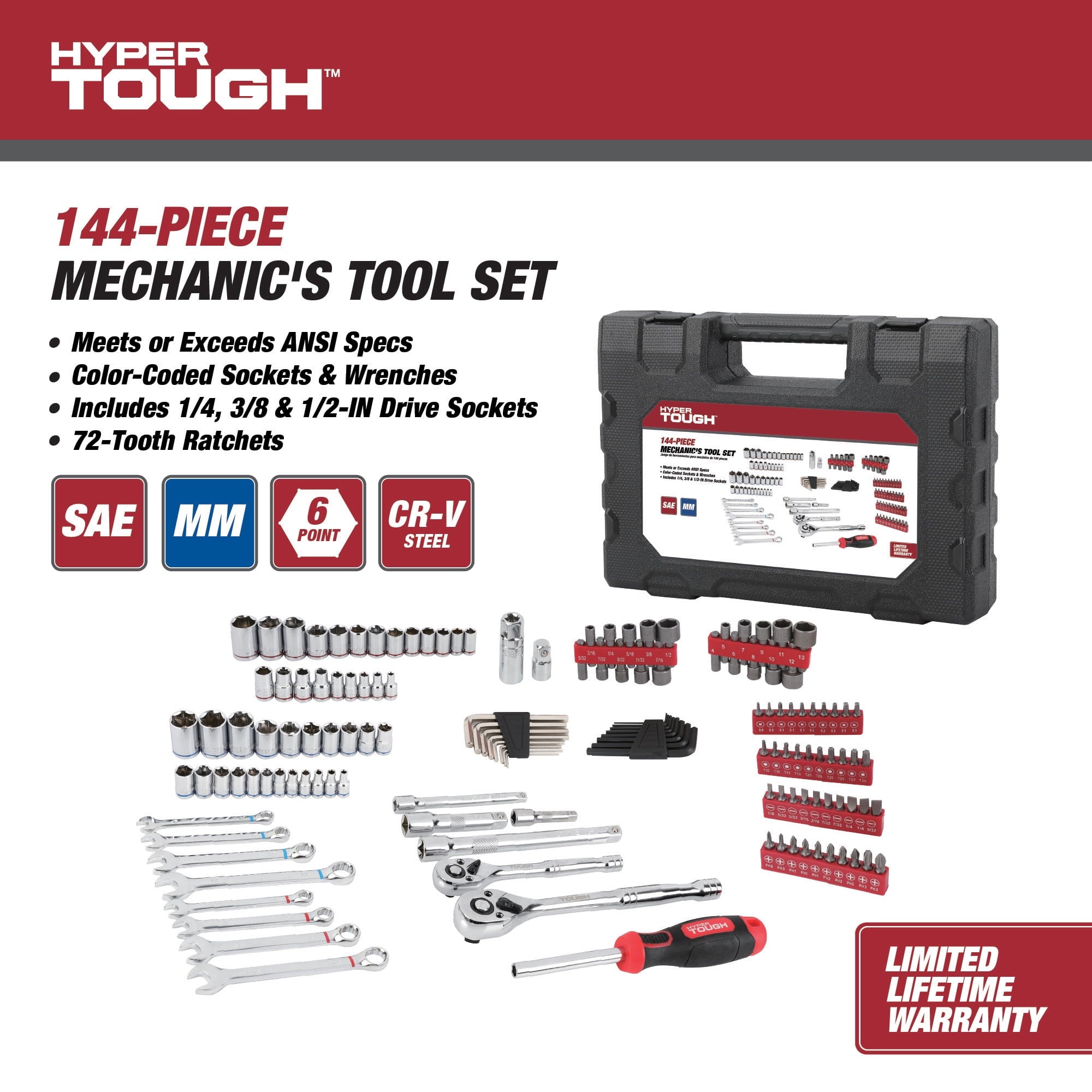 144-Piece 1/4, 3/8 and 1/2-inch Drive Mechanics Tool Set, Chrome Finish - Image 2