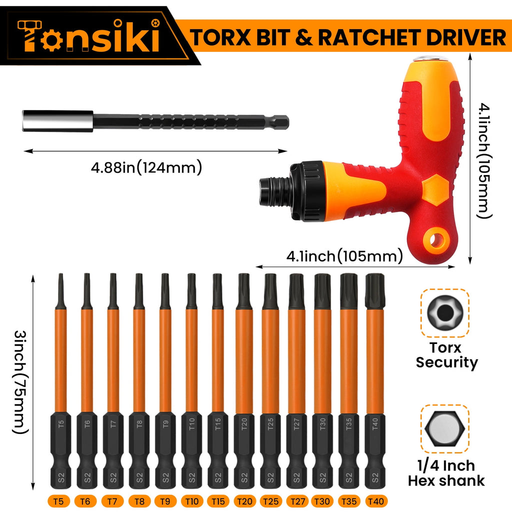 14Pcs Torx Bit Set, Tamper Proof Torx Bits with T Ratchet Screwdriver, 1/4 Hex Shank Magnetic Torx Screwdriver Sets f... - Image 2