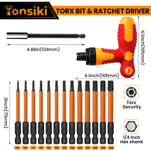 14Pcs Torx Bit Set, Tamper Proof Torx Bits with T Ratchet Screwdriver, 1/4 Hex Shank Magnetic Torx Screwdriver Sets f... - Image 2