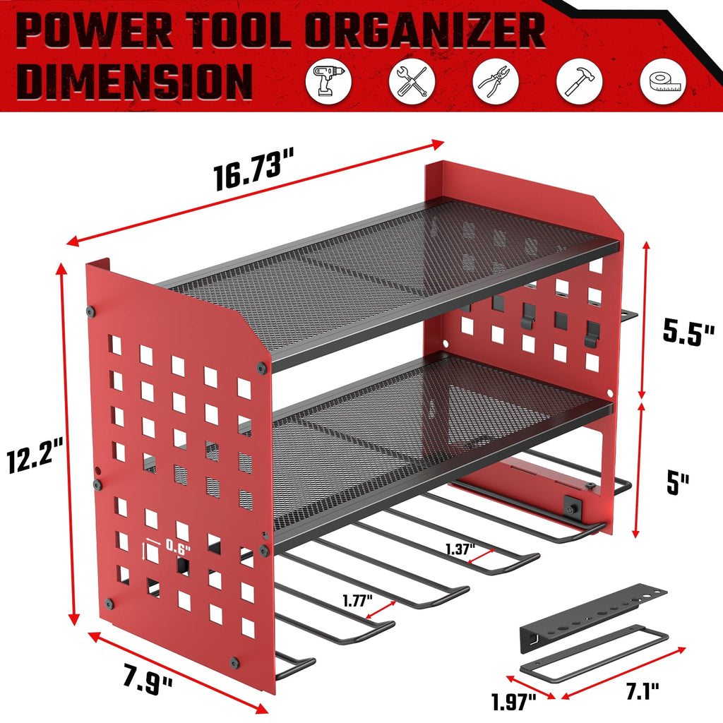 Organizer, 3 Layers Drill Holder Wall Mount with 2 Side Pegboards, Heavy Duty Storage Rack for Garage, 150Lbs Load Ca... - Image 4