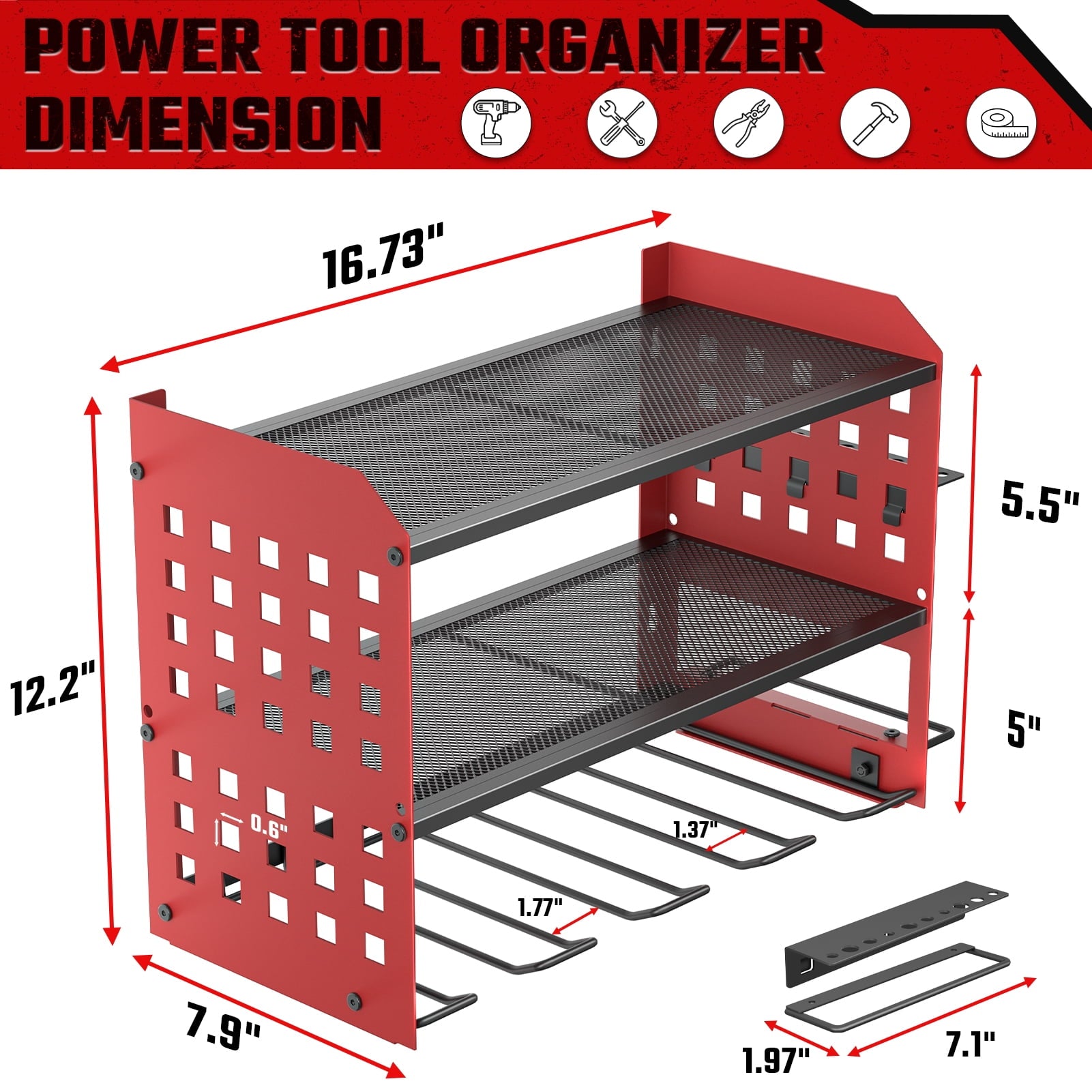 Organizer, 3 Layers Drill Holder Wall Mount with 2 Side Pegboards, Heavy Duty Storage Rack for Garage, 150Lbs Load Ca... - Image 4